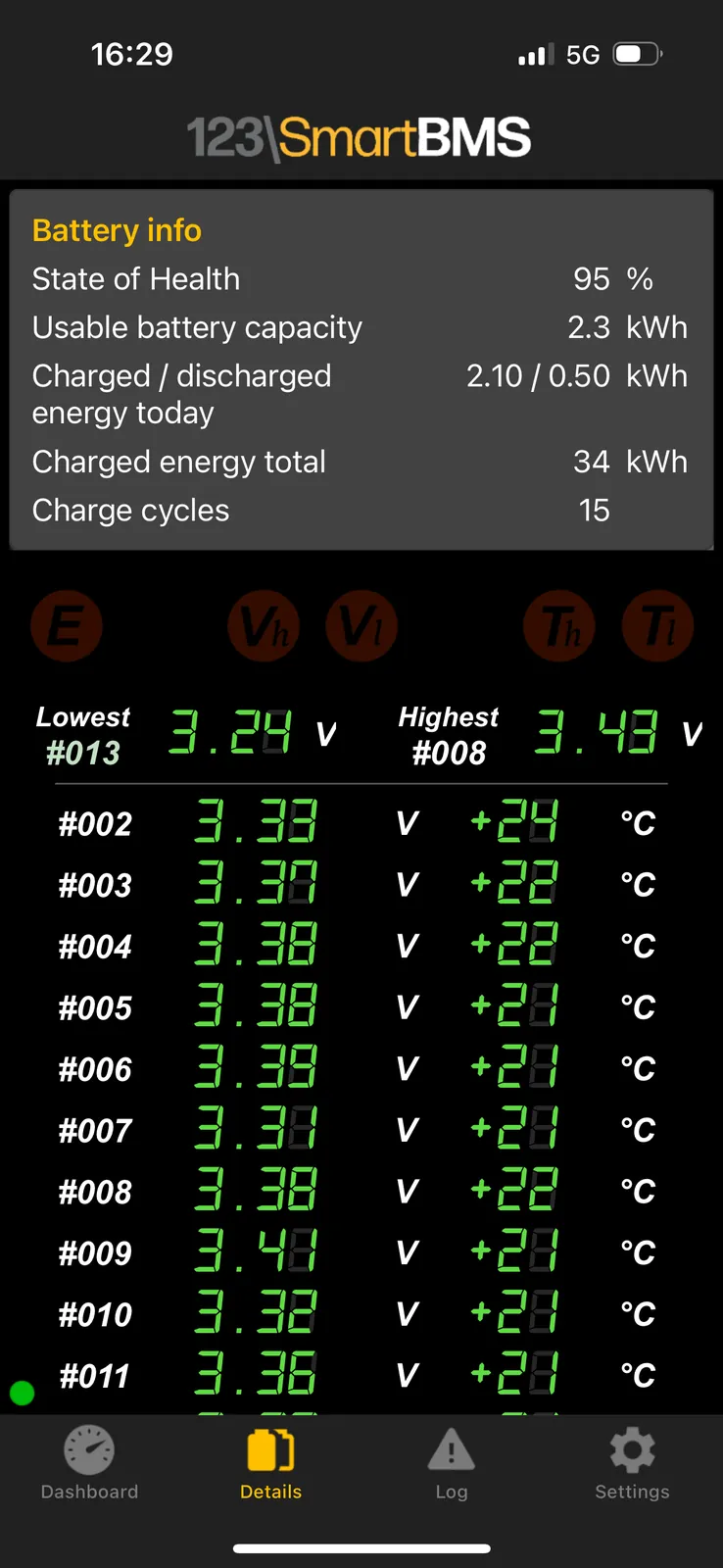 123SmartBMS battery details screen